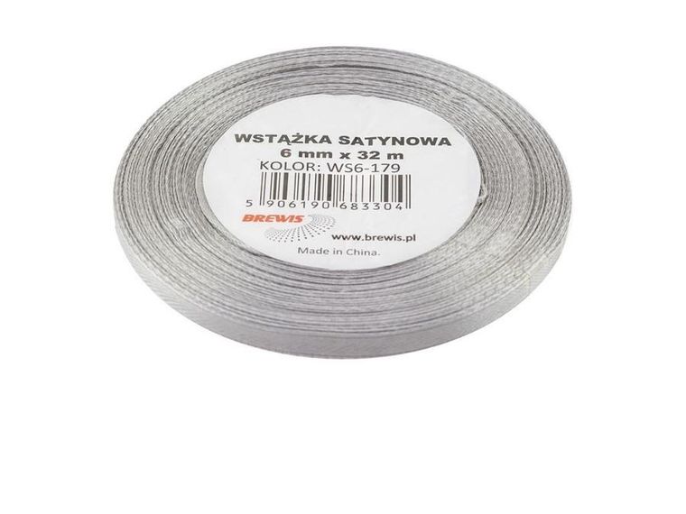 Brewis, wstążka satynowa, srebrna, 6mmx32m