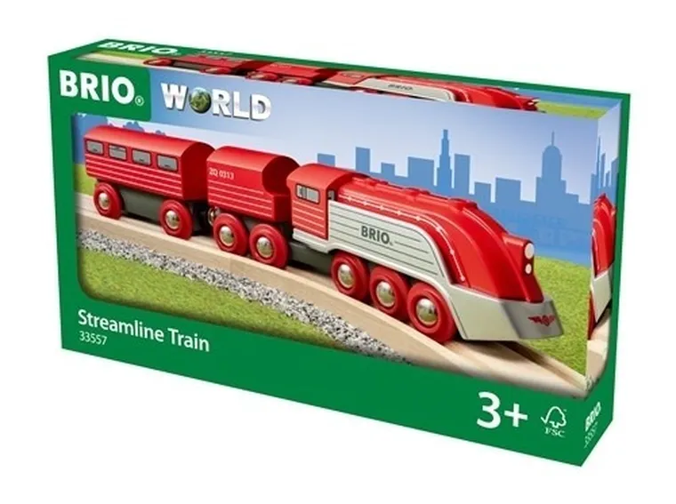 Brio World, futurystyczny pociąg z wagonami, zabawka drewniana