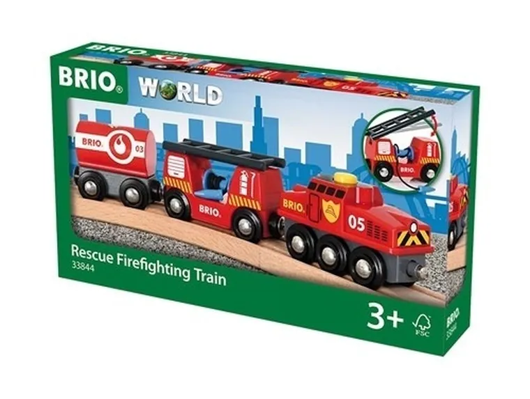 Brio World, pociag straży pożarnej, zabawka drewniana