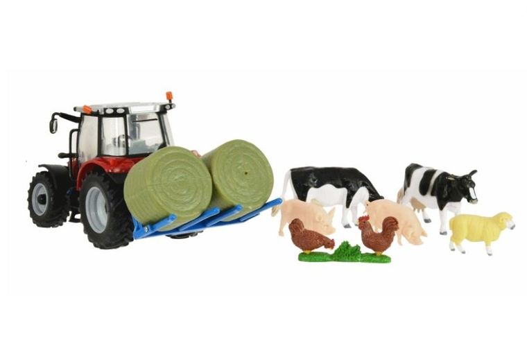 Britains, Massey Ferguson 5612, traktor z podnośnikiem do bel i figurkami zwierząt wiejskich, 1:32