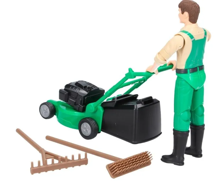 Bruder, figurka ogrodnika z kosiarką i akcesoriami