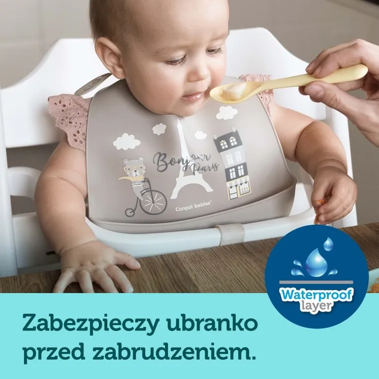 Canpol babies, Bonjour Paris, śliniak silikonowy z kieszonką, beżowy