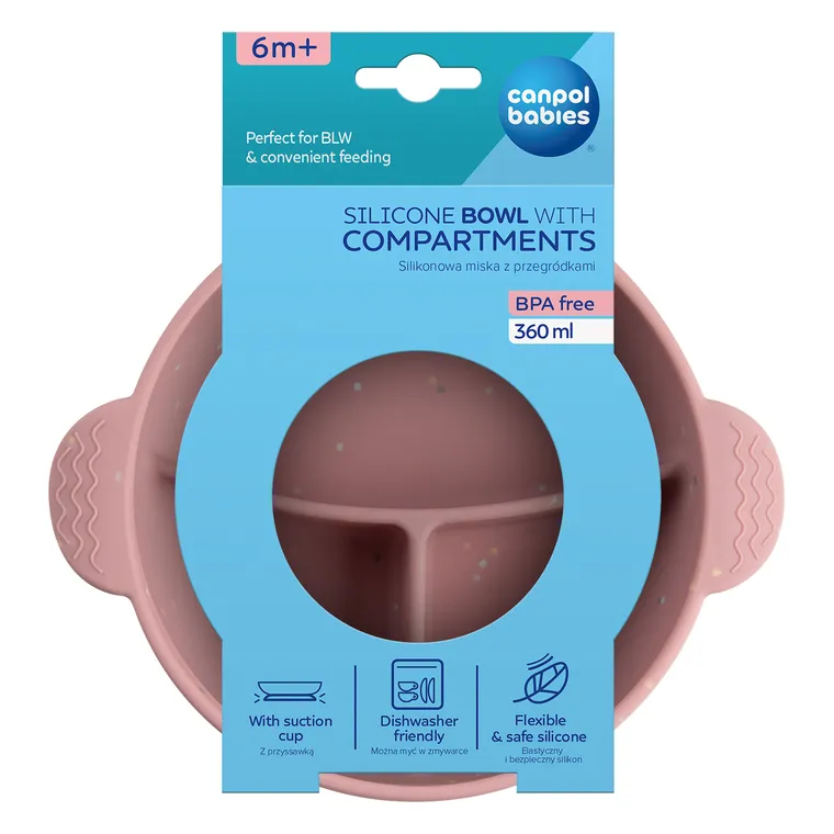 Canpol babies, Dots, silikonowa miska z 3 przegródkami i przyssawką, pink, 360ml