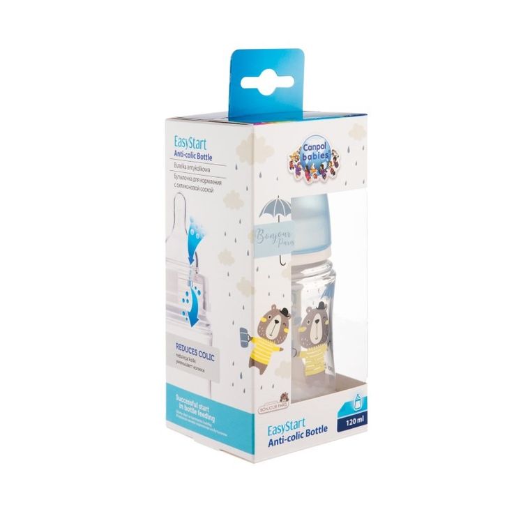 Canpol babies, EasyStart, Bonjour, butelka szeroka antykolkowa, niebieska, 0m+, 120 ml