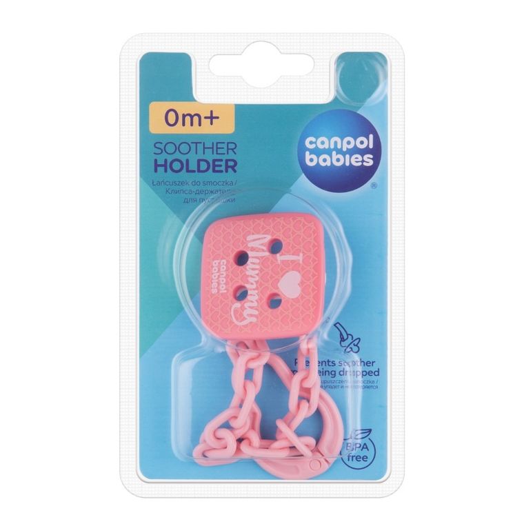Canpol babies, I love Mummy, łańcuszek do smoczka uspokajającego, różowy