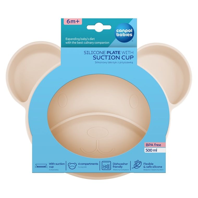 Canpol babies, Miś, silikonowy, trójdzielny talerzyk z przyssawką, creme