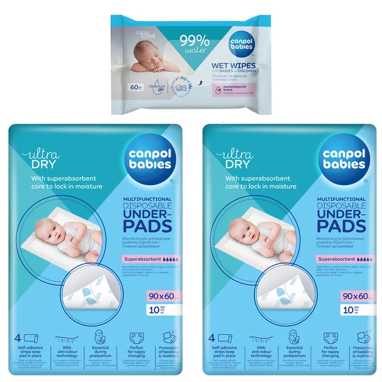 Canpol babies, zestaw: podkłady higieniczne, 90-60 cm, 2-10 szt. + chusteczki nawilżane, 60 szt.