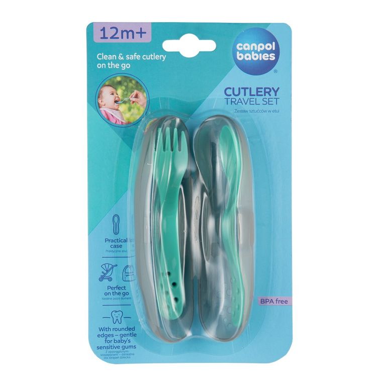 Canpol babies, zestaw sztućców dla dzieci w etui, turkusowy, 12m+