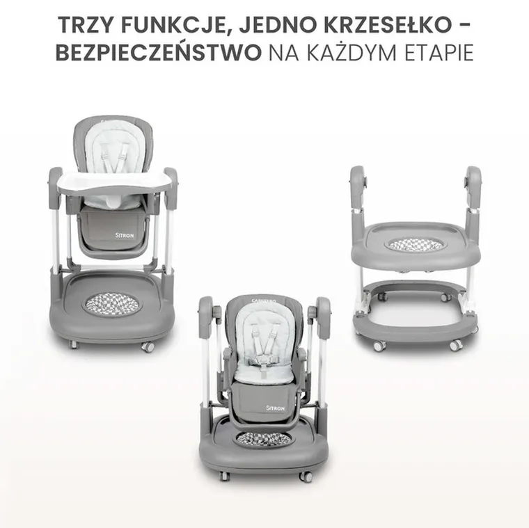 Caretero, Sitron 3w1, krzesełko do karmienia z funkcją huśtawki i chodzika, grey