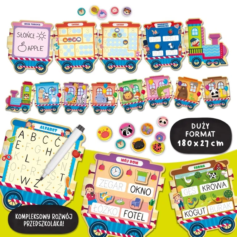 Carotina, Pociąg z grami edukacyjnymi, 8 gier z suchościeralnym pisakiem