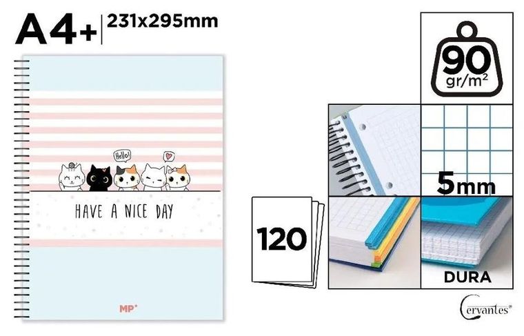 Cervantes, notatnik kołowy A4+, 120 kartek, kratka, kotki, 1 szt.