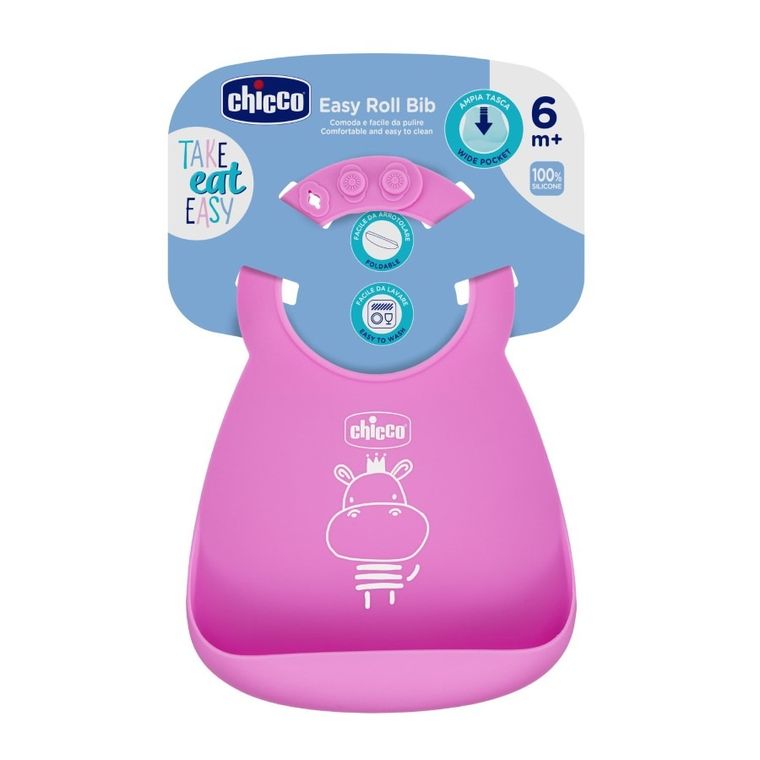 Chicco, elastyczny śliniak z kieszonką, pink, 6m+