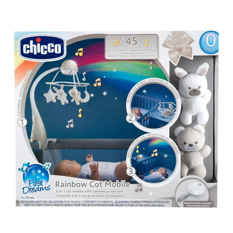 Chicco, First Dreams, karuzela na łóżeczko 3w1, rainbow, beżowa