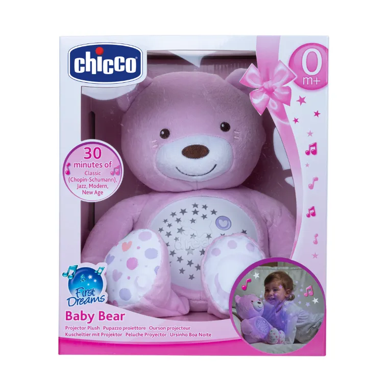Chicco, First Dreams, Miś z Projektorem, maskotka, uspokajacz z dźwiękami, muzyka klasyczna, różowy