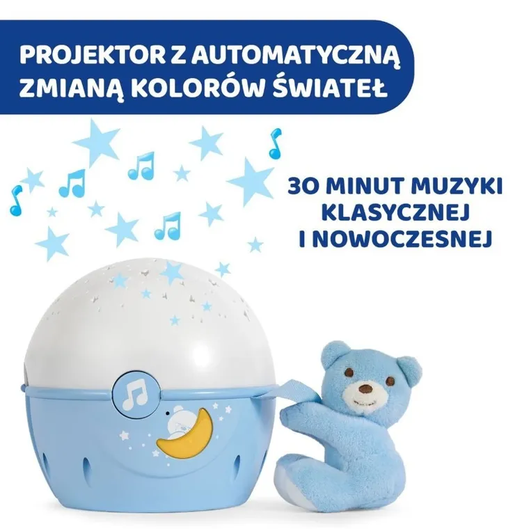 Chicco, First Dreams, Next2stars, projektor na łóżeczko z muzyką klasyczną, uspokajacz, czujnik płaczu, niebieski