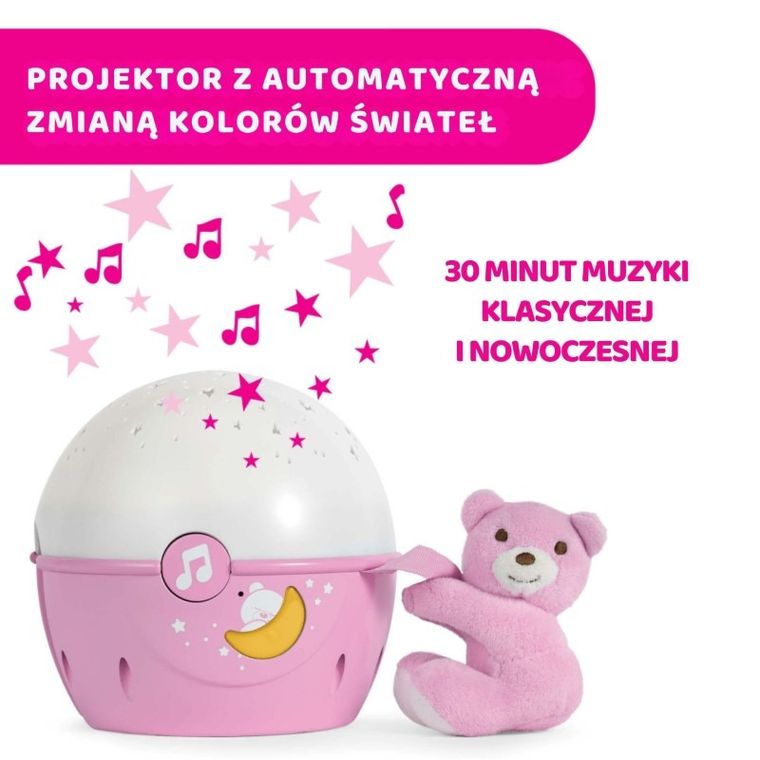 Chicco, First Dreams, Next2stars, projektor na łóżeczko z muzyką klasyczną, uspokajacz, czujnik płaczu, różowy