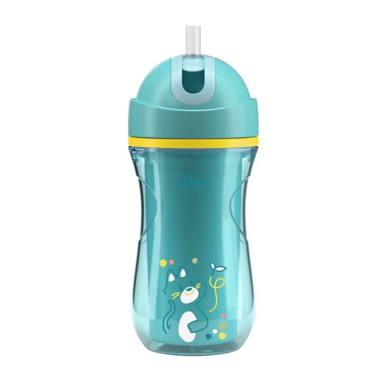 Chicco, kubek treningowy, niekapek, termiczny ze słomką, turkusowy, 14m+, 266 ml