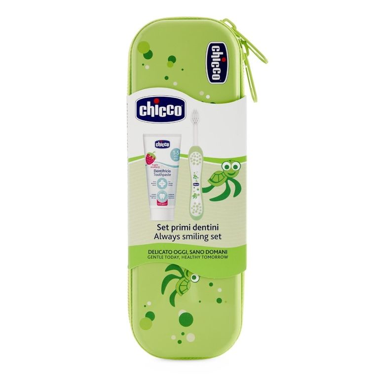 Chicco, pasta z fluorem i szczoteczka do zębów + etui, zielony, 12m+