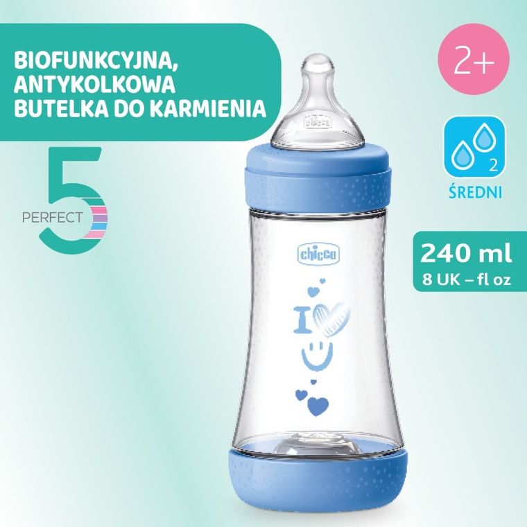 Chicco, Perfect5, butelka antykolkowa, blue, 2m+, 240 ml