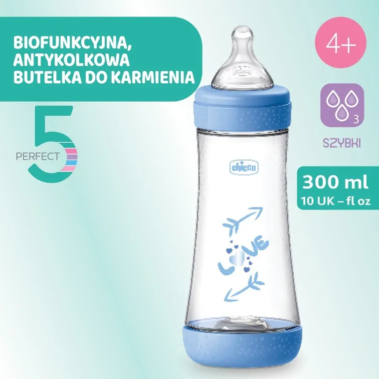 Chicco, Perfect5, butelka antykolkowa, blue, 4m+, 300 ml