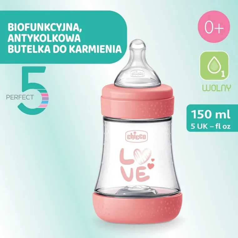 Chicco, Perfect5, butelka antykolkowa, pink, 0m+, 150 ml