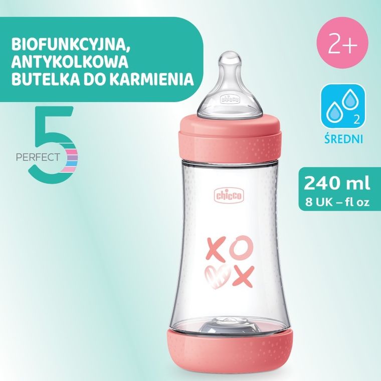 Chicco, Perfect5, butelka antykolkowa, pink, 2m+, 240 ml