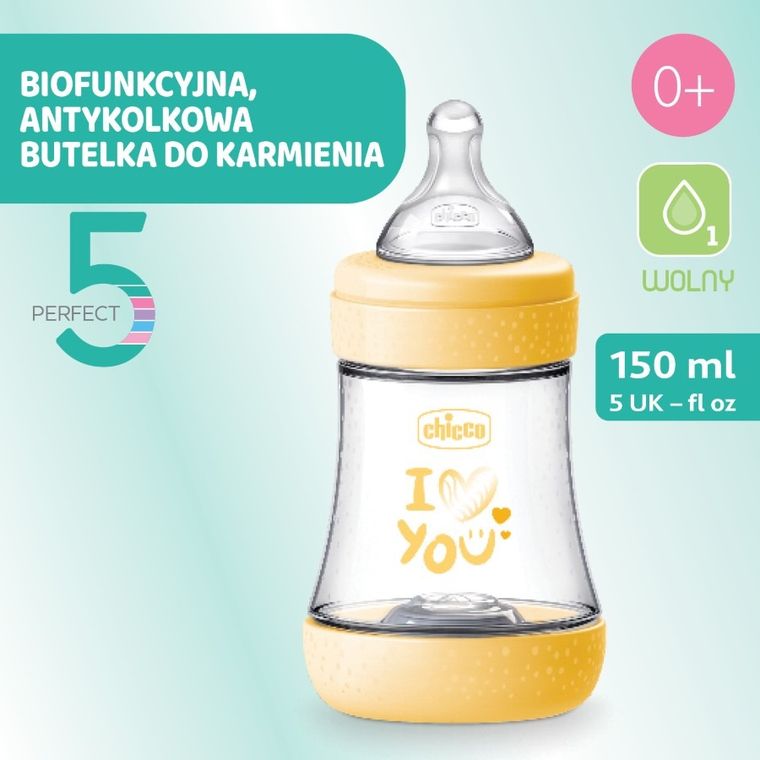 Chicco, Perfect5, butelka antykolkowa, yellow, 0m+, 150 ml