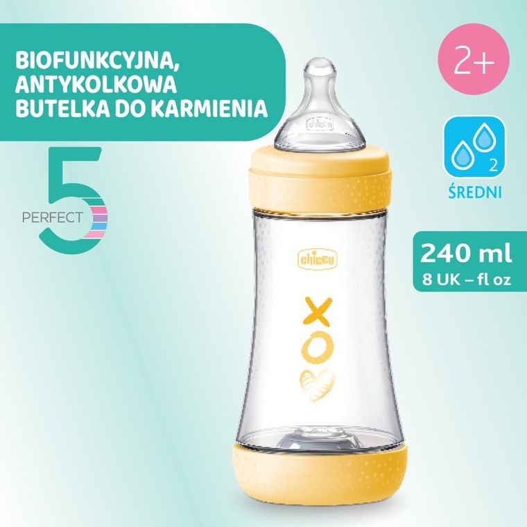 Chicco, Perfect5, butelka antykolkowa, yellow, 2m+, 240 ml