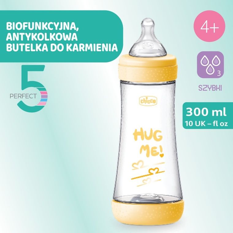 Chicco, Perfect5, butelka antykolkowa, yellow, 4m+, 300 ml