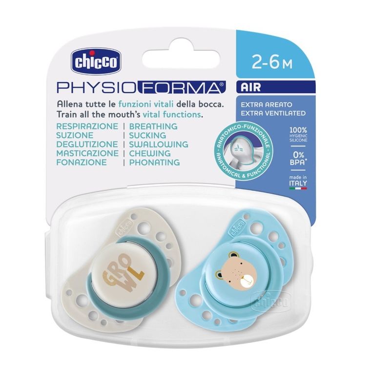 Chicco, Physioforma Air, smoczek uspokajający, silikonowy, niebieski, 2-6m, 2 szt.