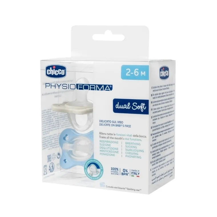 Chicco, PhysioForma Dual Soft, smoczek uspokajający, silikonowy, niebieski, 2-6m, 2 szt.