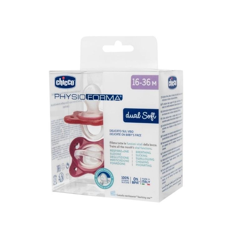 Chicco, PhysioForma Dual Soft, smoczek uspokajający, silikonowy, różowy, 16-36m, 2 szt.