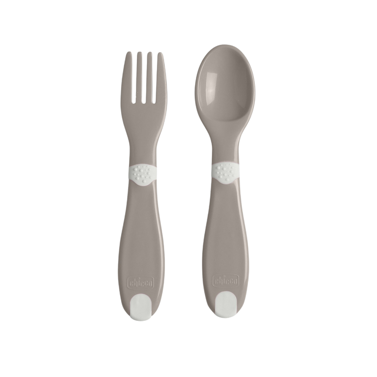 Chicco, pierwsze sztućce plastikowe, szare, 12m+