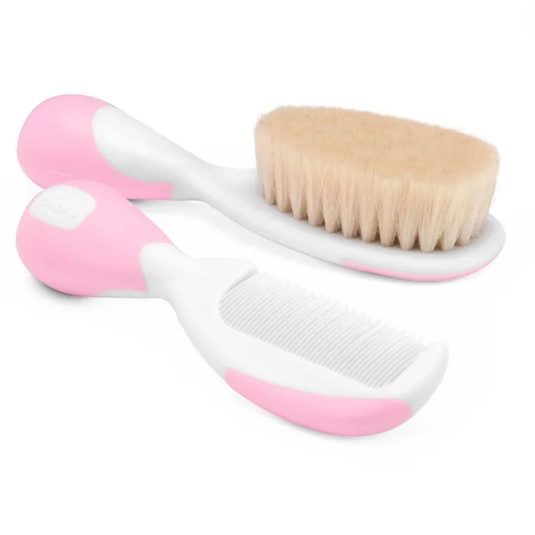 Chicco, szczotka z naturalnego włosia i grzebyk, różowy, 0m+