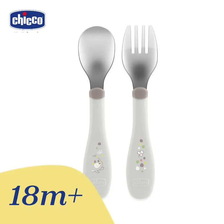 Chicco, sztućce metalowe, szare, 18m+