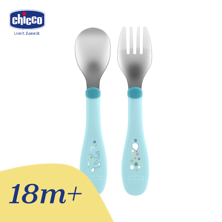 Chicco, sztućce metalowe, turkusowe, 18m+