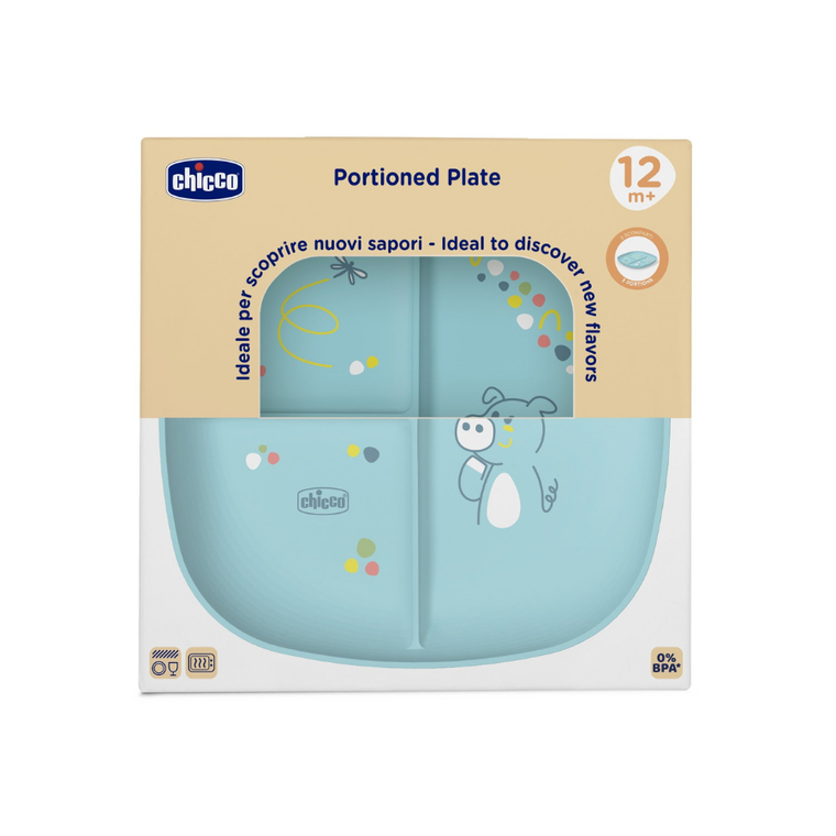 Chicco, talerz 3-dzielny, niebieski, 12m+