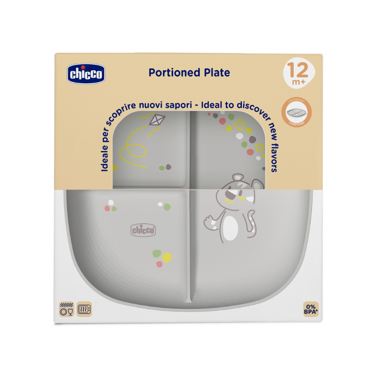 Chicco, talerz 3-dzielny, szary, 12m+