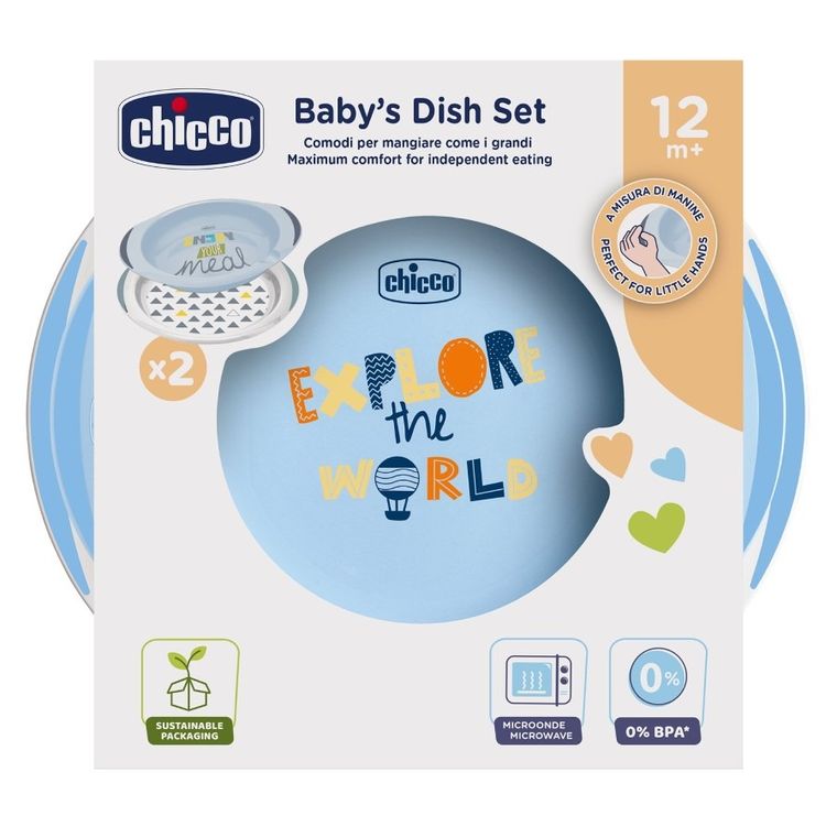 Chicco, zestaw 2 talerzy, niebieski, 12m+