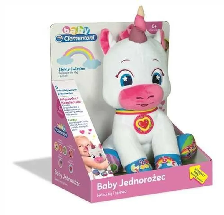 Clementoni, Baby, pluszowy jednorożec, maskotka interaktywna, 29 cm