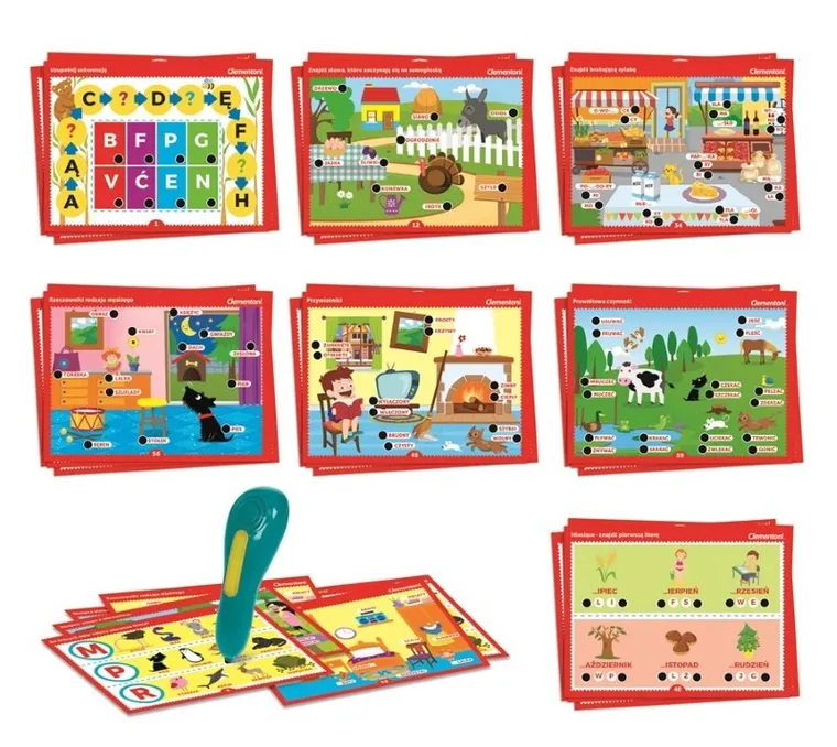 Clementoni, Uczę się bawiąc, Mówiące pióro, 500 Pytań, Litery i słowa, gra edukacyjna