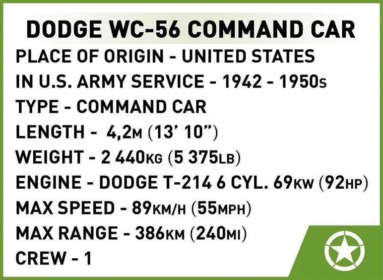 Cobi, Historical Collection WWII, Dodge WC-56 Command Car, 1:35, klocki, 208 elementów