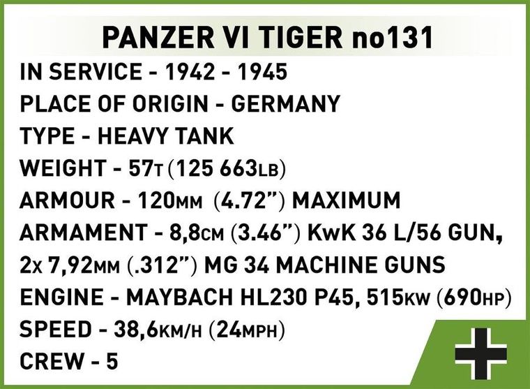 Cobi, Historical Collection WWII, Panzer VI Tiger no131, 1:28 klocki, 1275 elementów