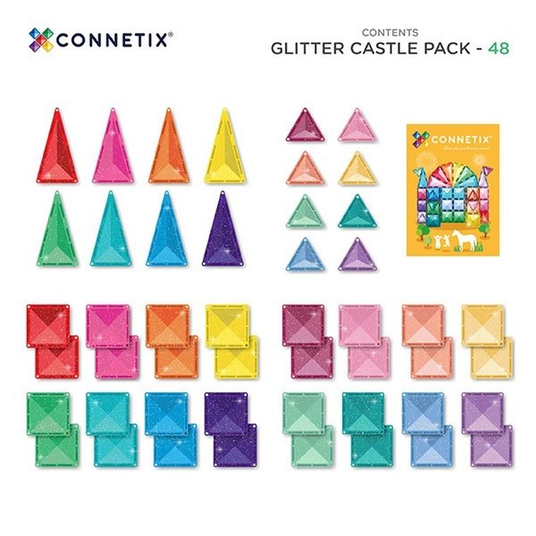 Connetix, Glitter Castle Pack, Brokatowy zamek, klocki magnetyczne, 48 elementów
