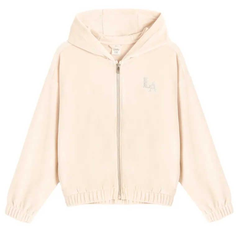 Cool Club, Bluza dziewczęca z kapturem, rozpinana, welurowa, beżowa