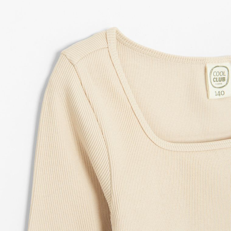 Cool Club, Bluzka dziewczęca z długim rękawem, crop top, prążkowana, beżowa