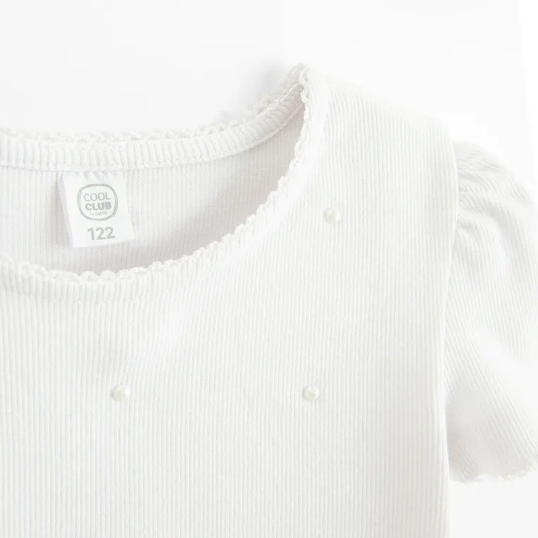 Cool Club, Bluzka dziewczęca z krótkim rękawem, prążkowana, biała