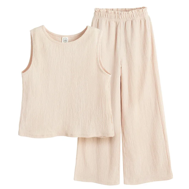 Cool Club, Komplet dziewczęcy, Bluzka bez rękawów, Spodnie materiałowe, wide, beżowy