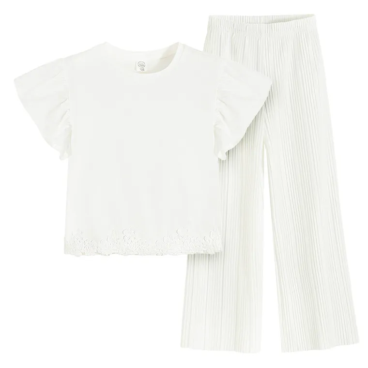 Cool Club, Komplet dziewczęcy, Bluzka z krótkim rękawem, Spodnie materiałowe, wide, biały