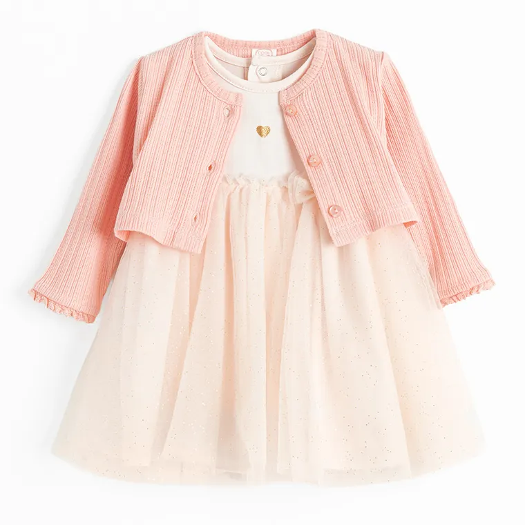 Cool Club, Komplet dziewczęcy, Body sukienka z krótkim rękawem, Bolerko, różowy